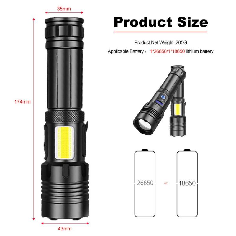 Xhp70+COB Red and White Light Strong Flashlight New Zoom P70 Flashlight COB Rechargeable Flashlight